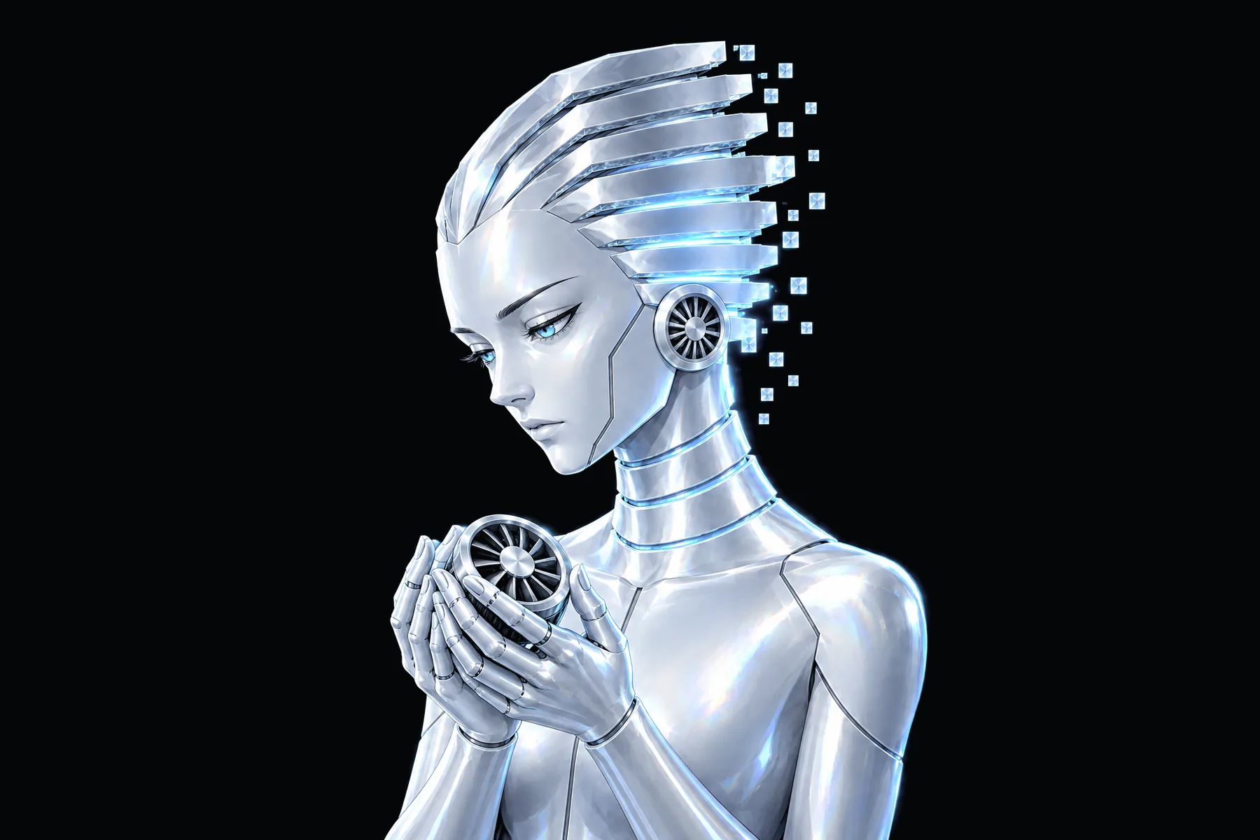 Illustration: FINS cradling one small cooling fan; only its lowest fins glow.