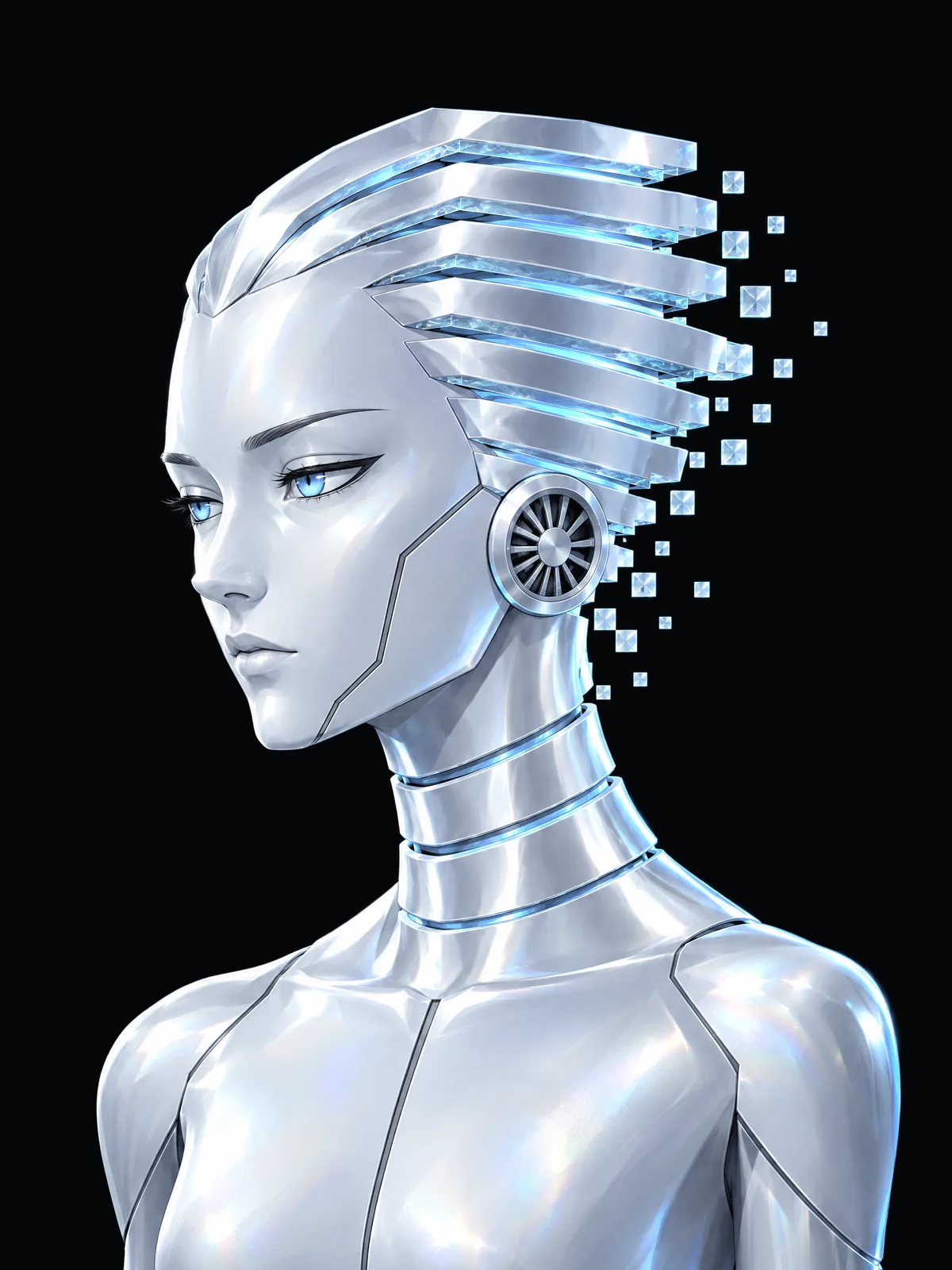 Illustration: FINS, a chrome android whose hair is heatsink fins.